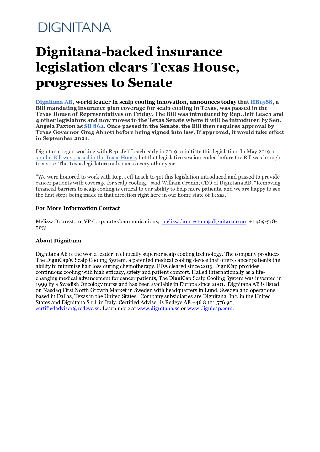 Dignitana-Backed Insurance Legislation Clears Texas House, Progresses to Senate