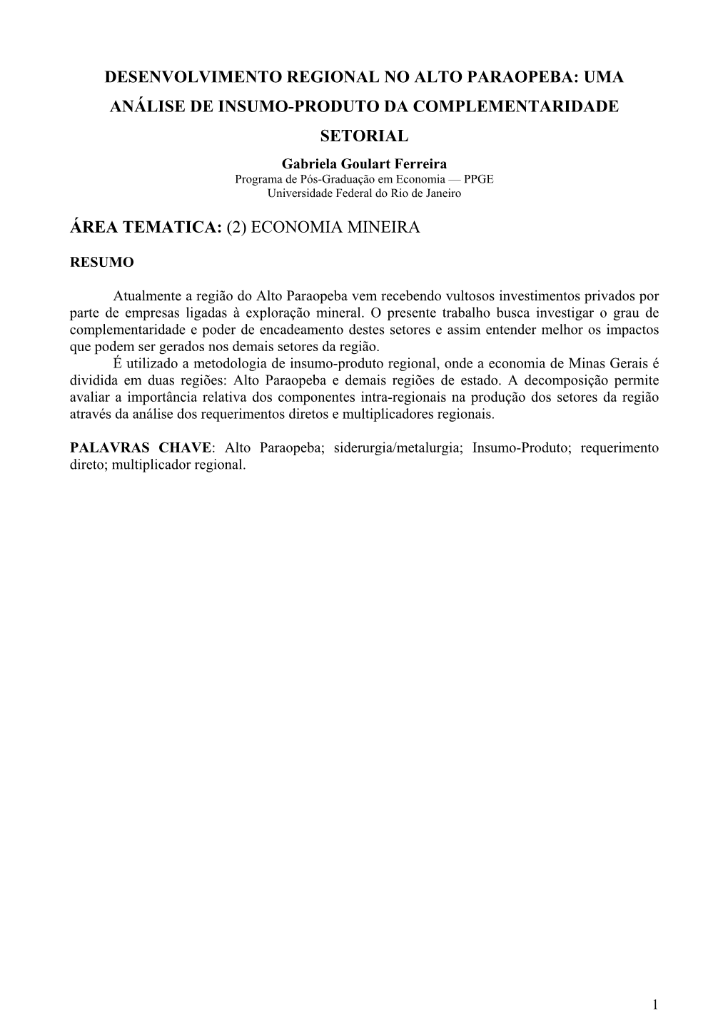 Desenvolvimento Regional No Alto Paraopeba: Uma Análise De Insumo-Produto Da Complementaridade Setorial