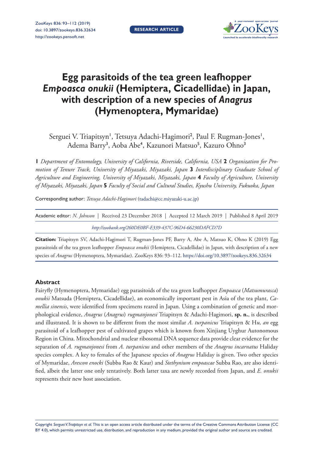 Egg Parasitoids of the Tea Green Leafhopper Empoasca Onukii (Hemiptera, Cicadellidae) in Japan, with Description of a New Species of Anagrus (Hymenoptera, Mymaridae)