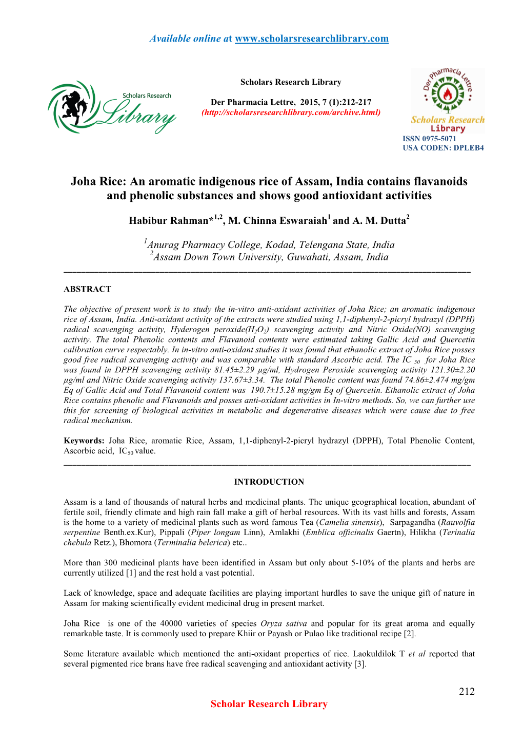 Joha Rice: an Aromatic Indigenous Rice of Assam, India Contains Flavanoids and Phenolic Substances and Shows Good Antioxidant Activities