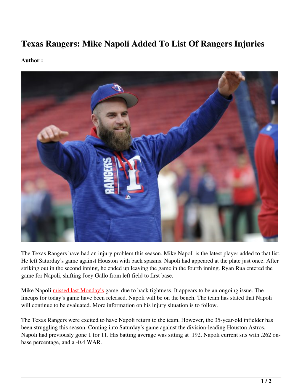 Texas Rangers: Mike Napoli Added to List of Rangers Injuries