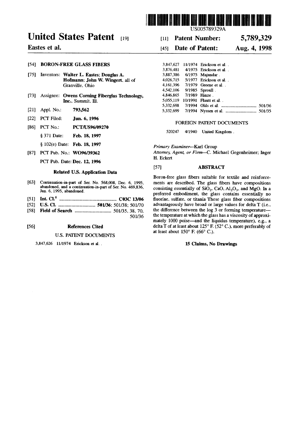 United States Patent (19) 11 Patent Number: 5,789,329 Eastes Et Al