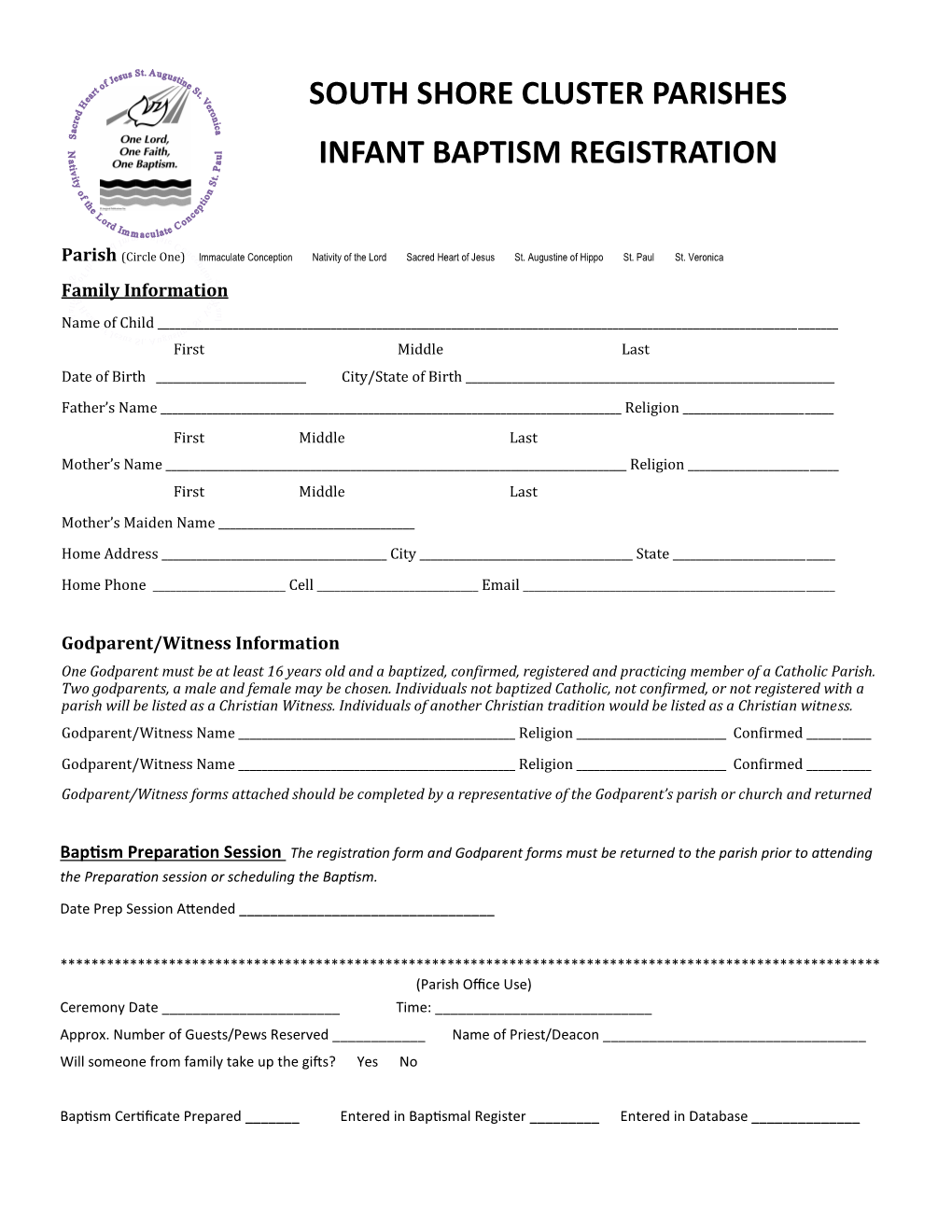 South Shore Cluster Parishes Infant Baptism Registration