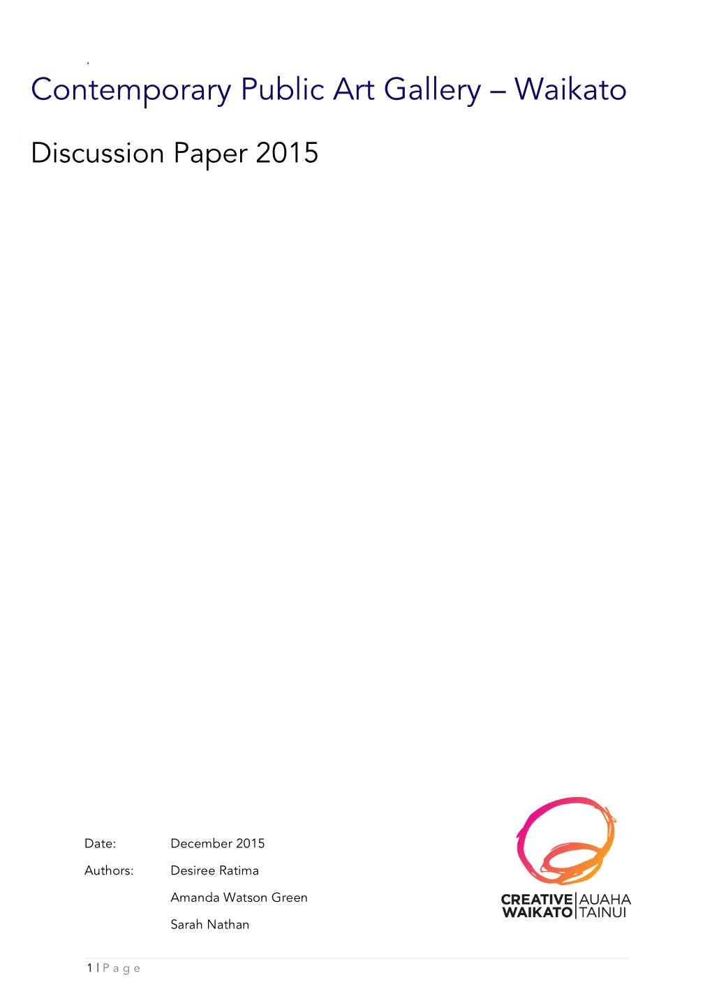 Contemporary Public Art Gallery – Waikato Discussion Paper 2015