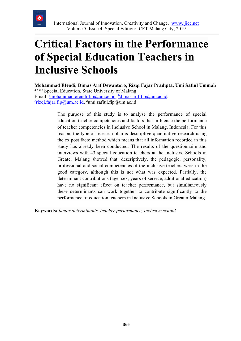 Critical Factors in the Performance of Special Education Teachers in Inclusive Schools