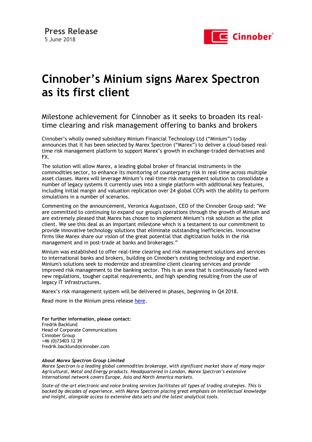 Cinnober's Minium Signs Marex Spectron As Its First Client
