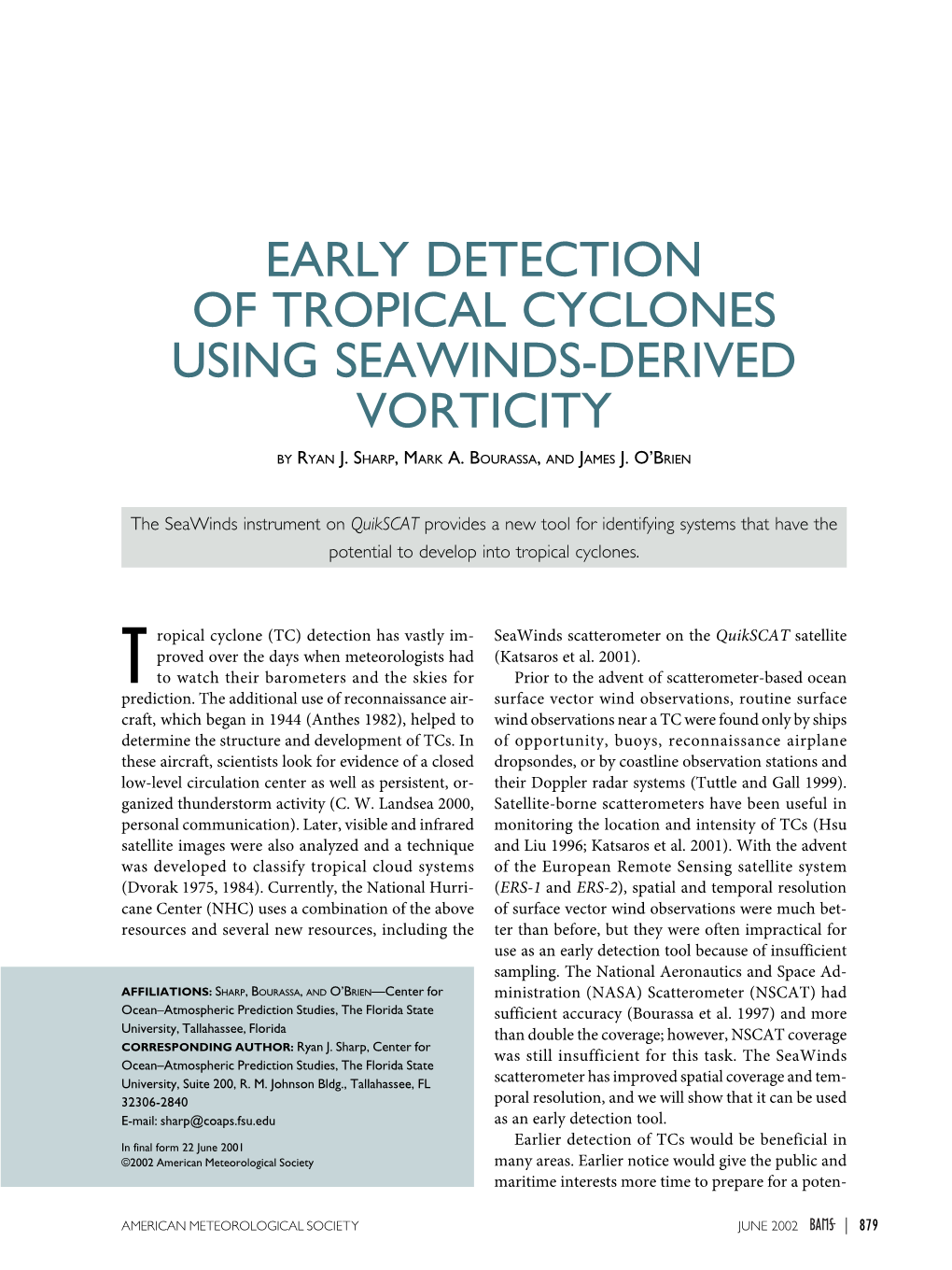 Early Detection of Tropical Cyclones Using Seawinds-Derived Vorticity