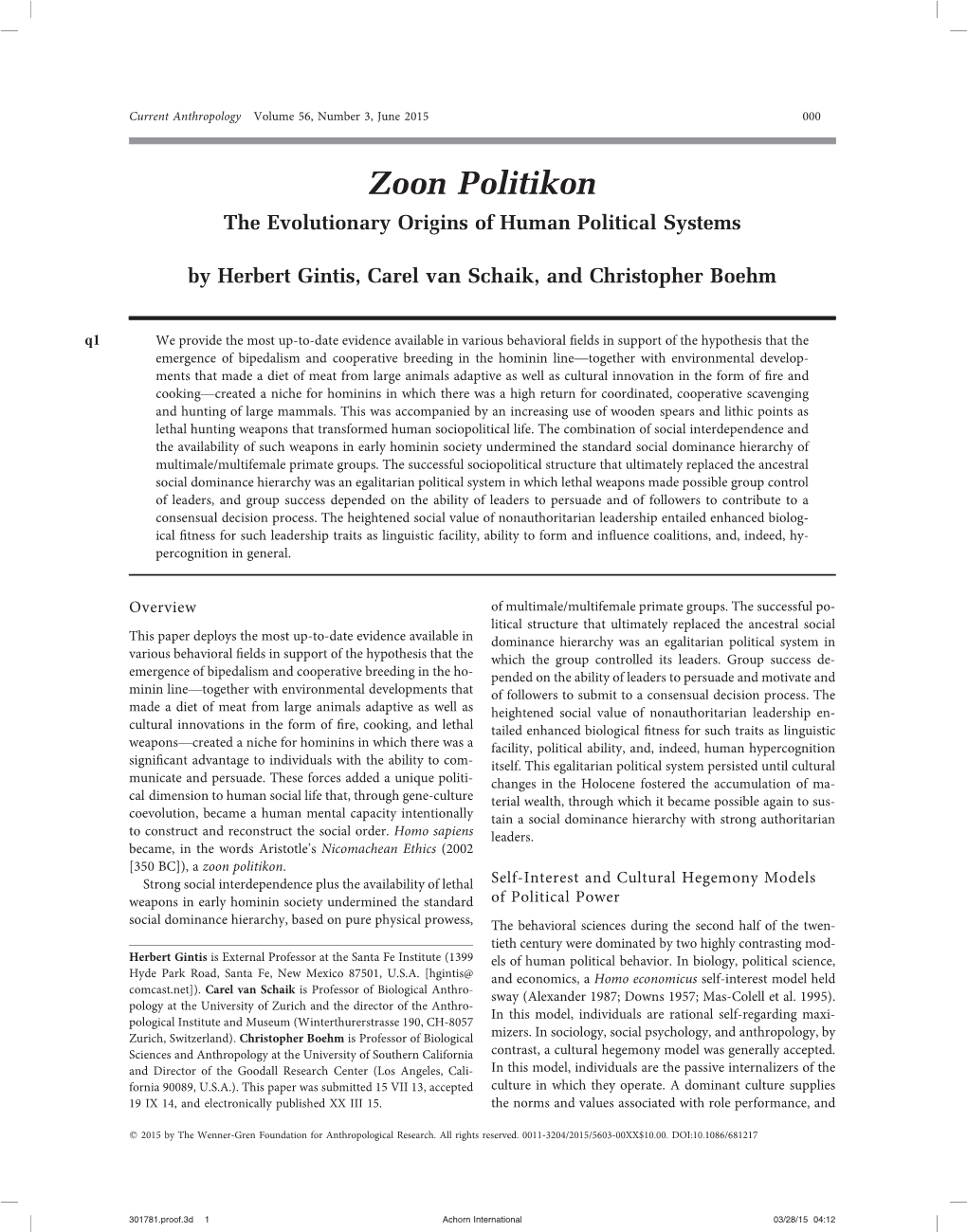 Zoon Politikon the Evolutionary Origins of Human Political Systems