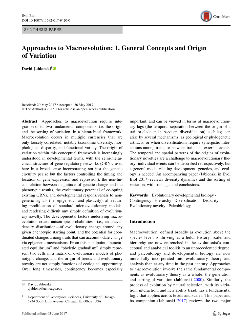 Approaches to Macroevolution: 1. General Concepts and Origin of Variation