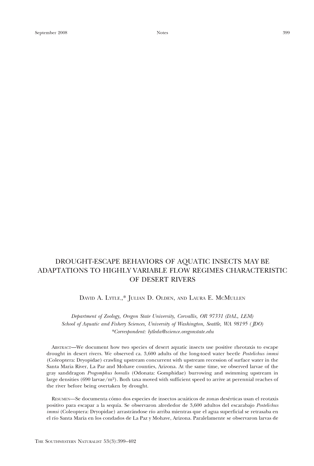 Drought-Escape Behaviors of Aquatic Insects May Be Adaptations to Highly Variable Flow Regimes Characteristic of Desert Rivers