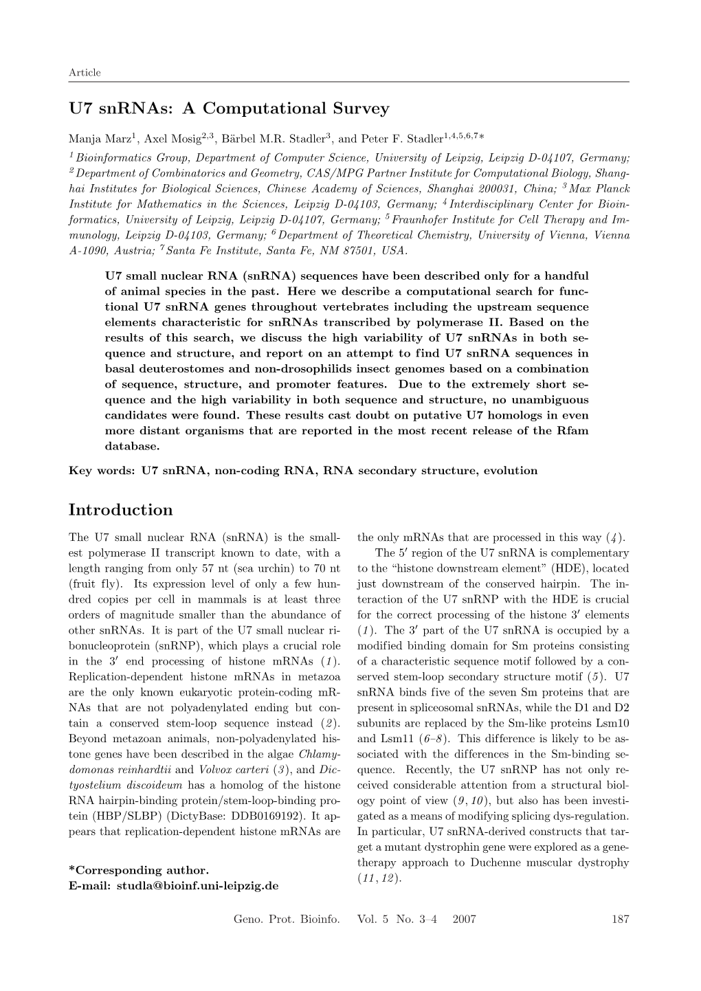 U7 Snrnas: a Computational Survey Introduction