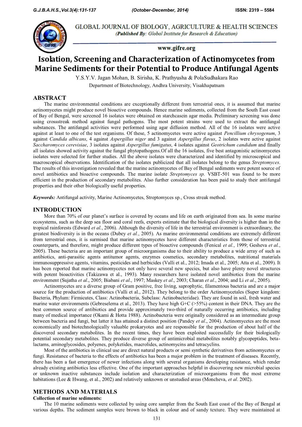 Isolation, Screening and Characterization of Actinomycetes from Marine Sediments for Their Potential to Produce Antifungal Agents Y.S.Y.V