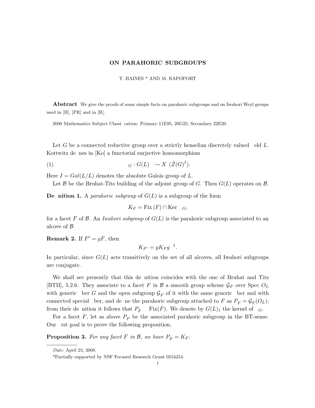 ON PARAHORIC SUBGROUPS Let G Be a Connected Reductive Group