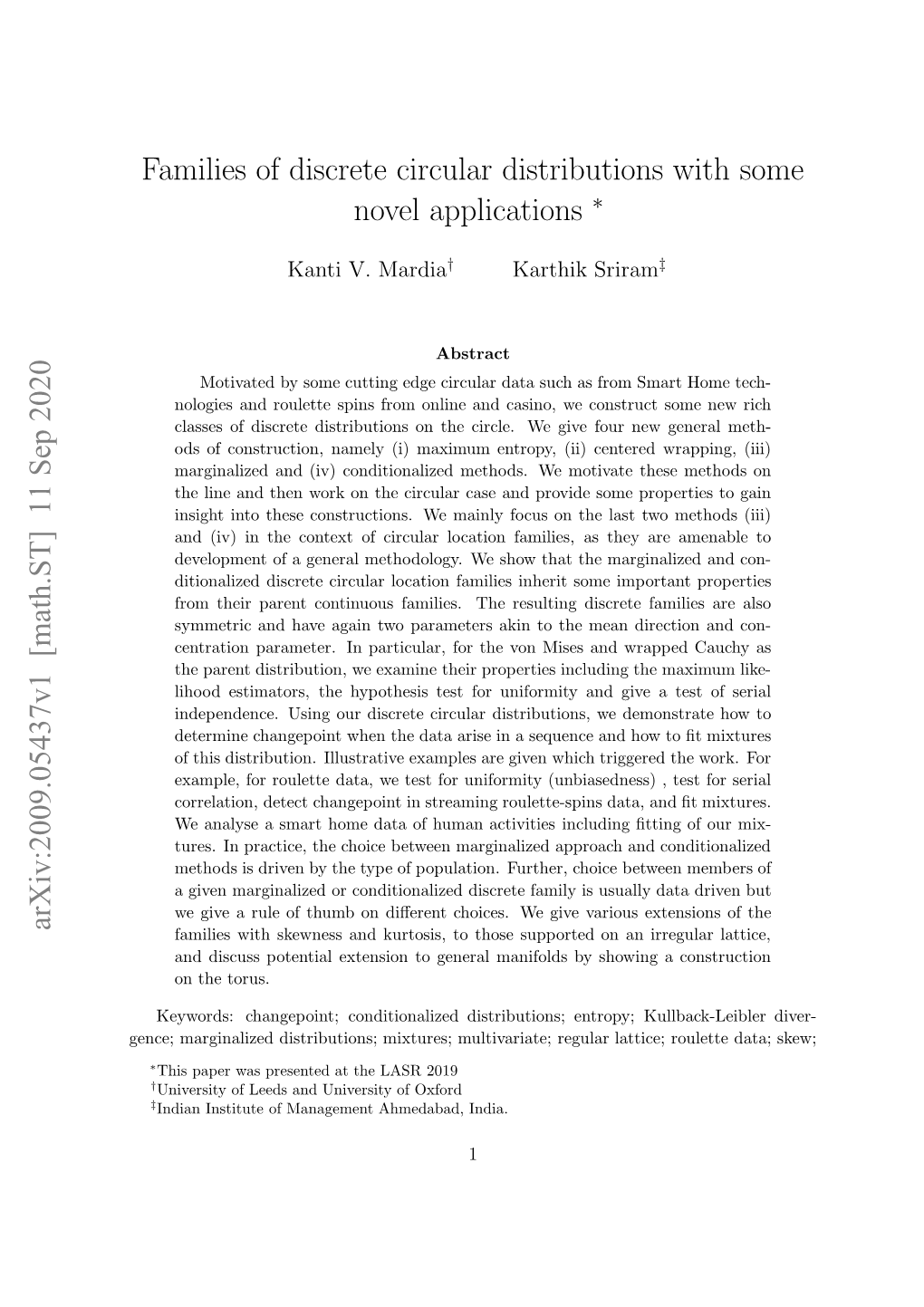 Arxiv:2009.05437V1 [Math.ST] 11 Sep 2020 Families of Discrete Circular Distributions with Some Novel Applications ∗