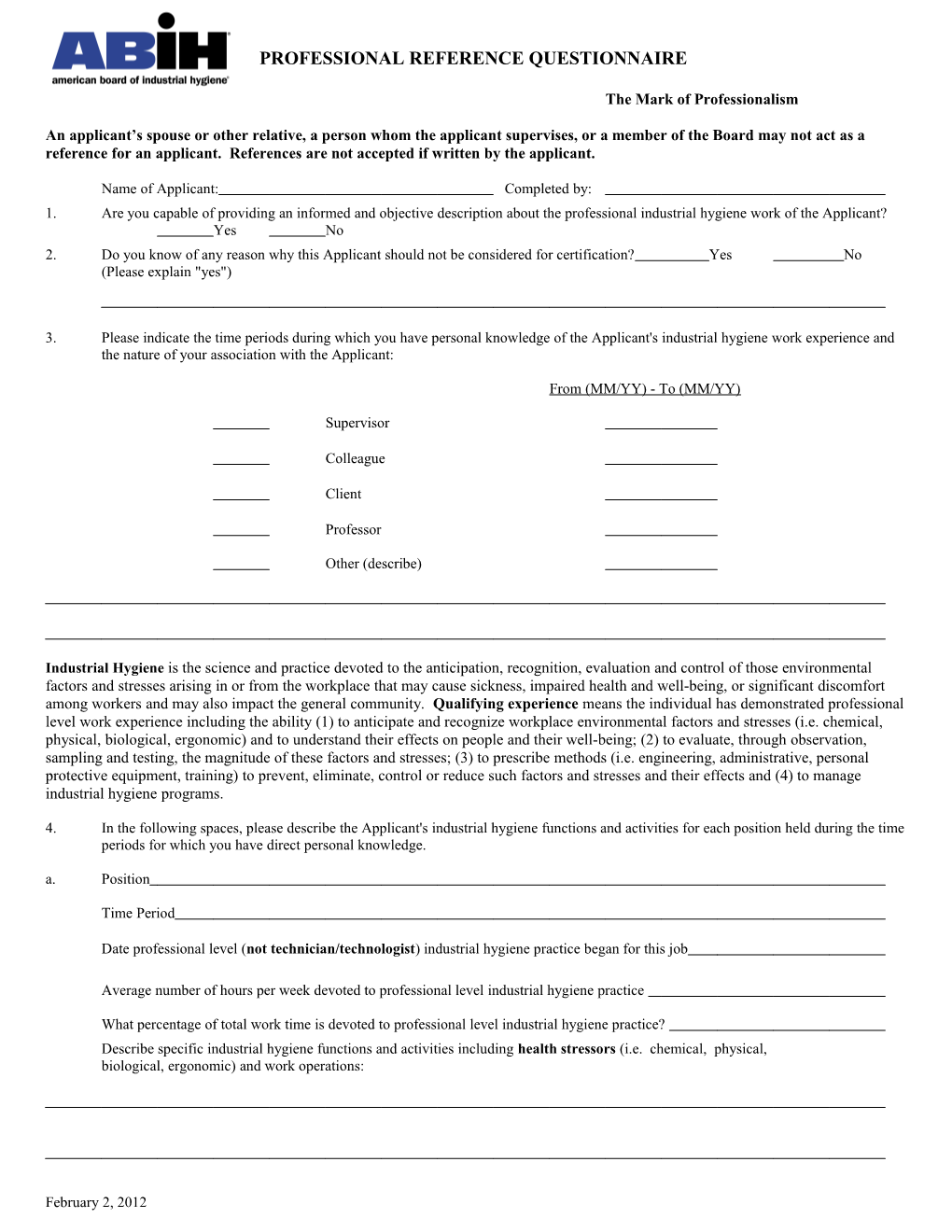 Professional Reference Questionnaire