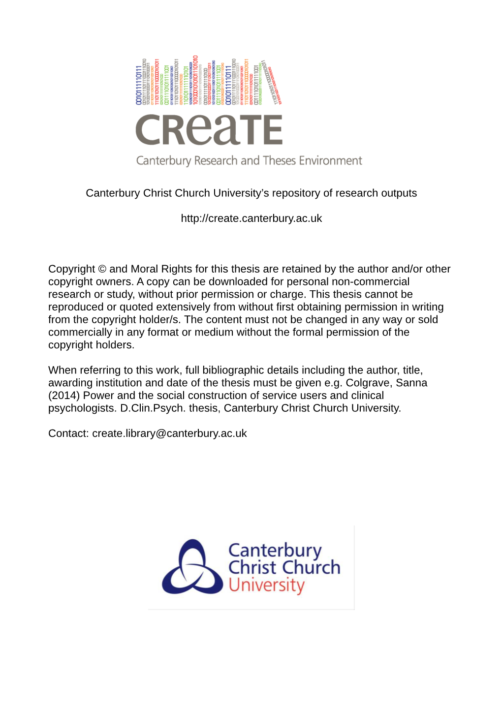 Canterbury Christ Church University's Repository of Research Outputs Copyright © and Moral