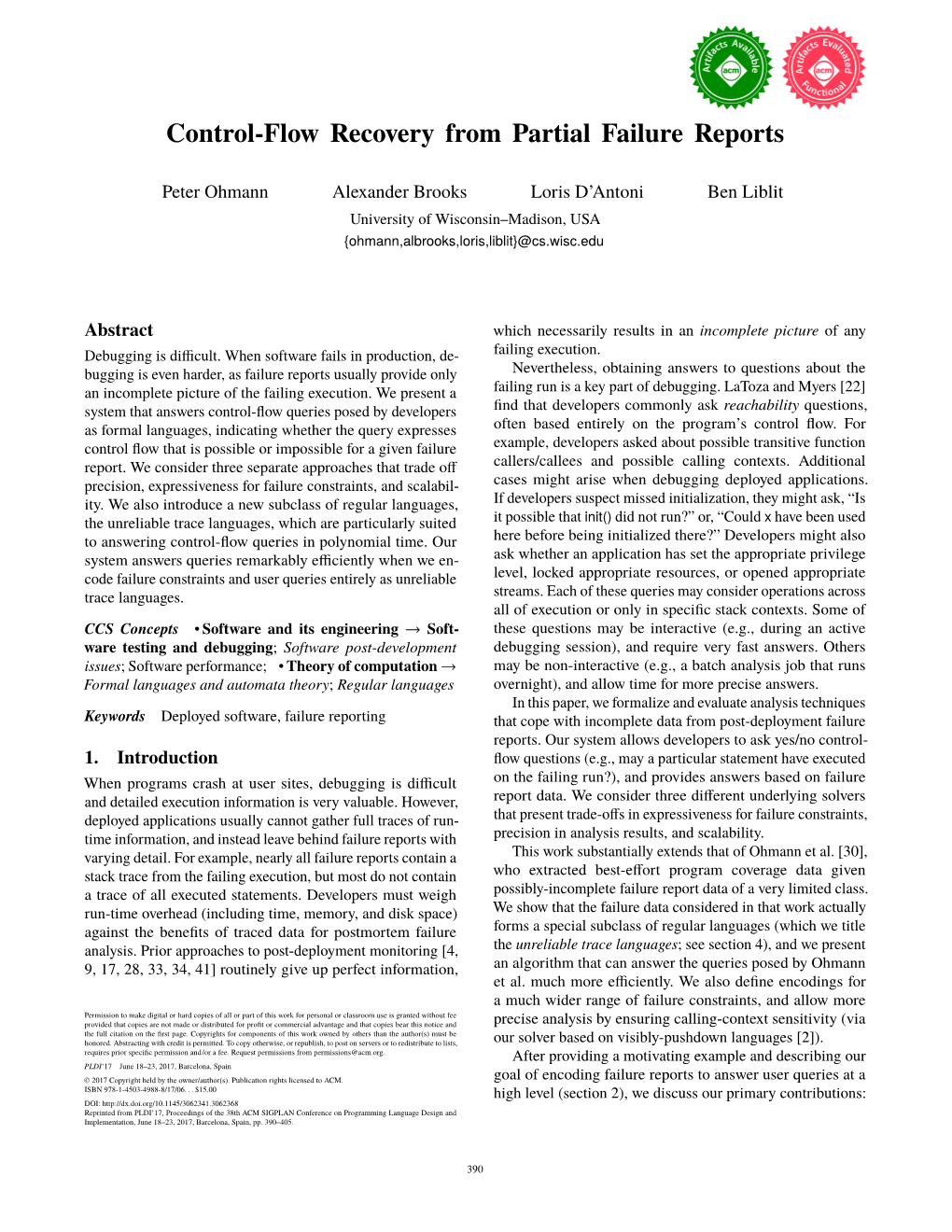 Control-Flow Recovery from Partial Failure Reports