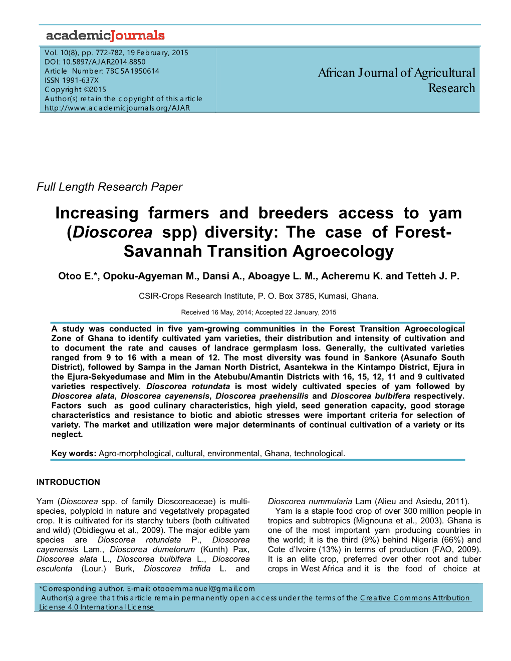 Dioscorea Spp) Diversity: the Case of Forest- Savannah Transition Agroecology