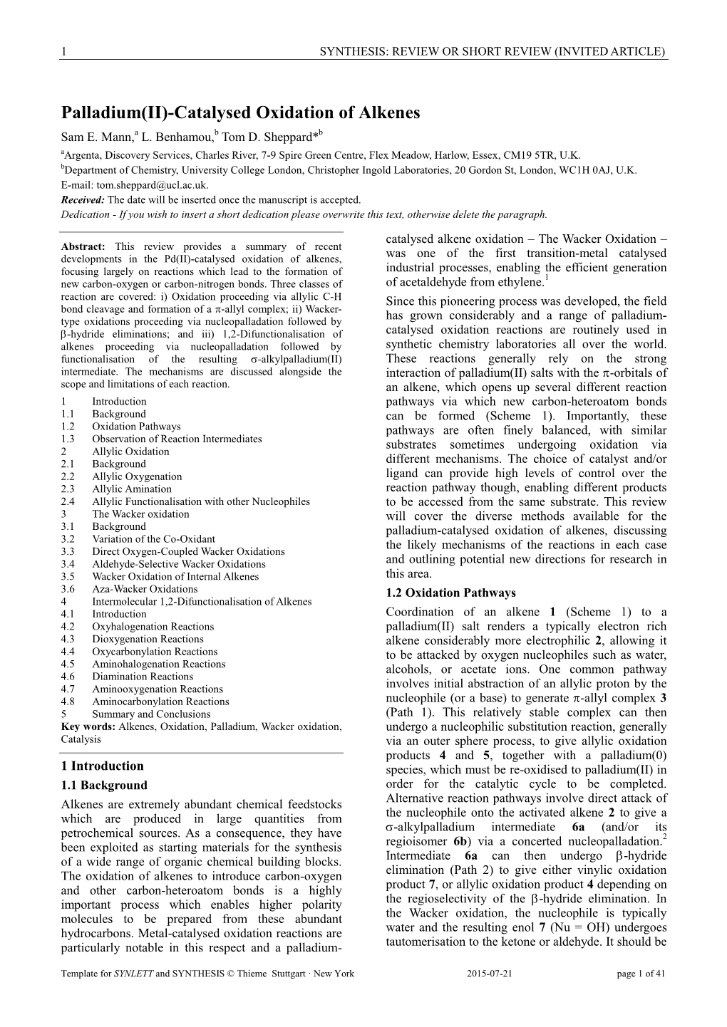 Palladium (II)-Catalysed Oxidation of Alkenes