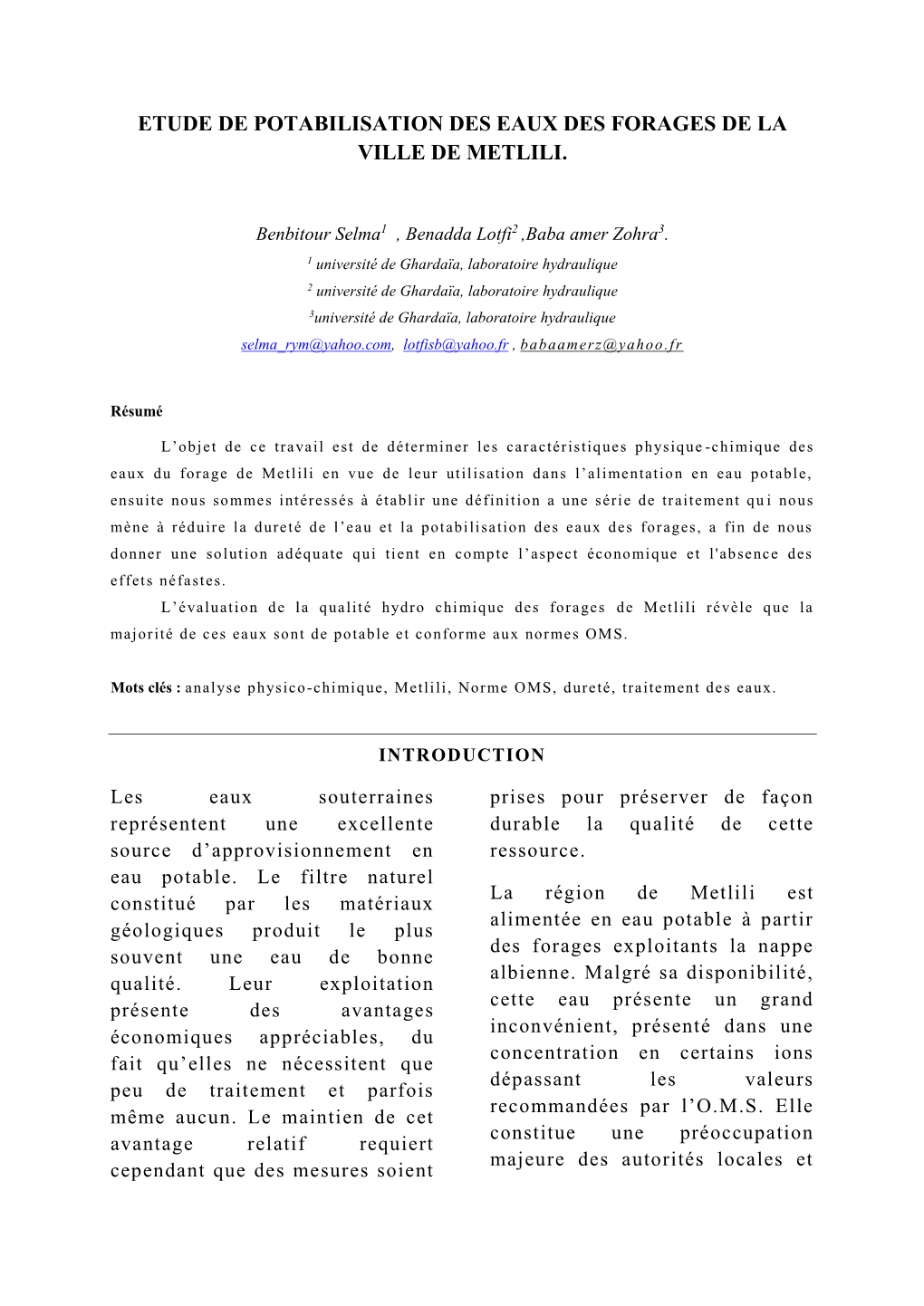 Etude De Potabilisation Des Eaux Des Forages De La Ville De Metlili