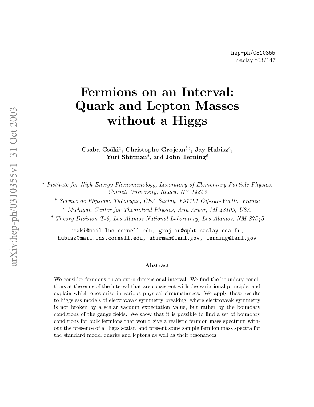 Fermions on an Interval: Quark and Lepton Masses Without a Higgs