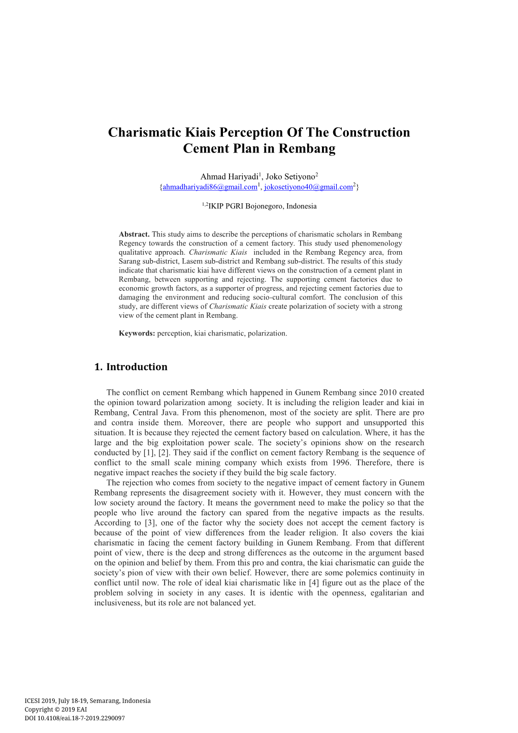 Charismatic Kiais Perception of the Construction Cement Plan in Rembang