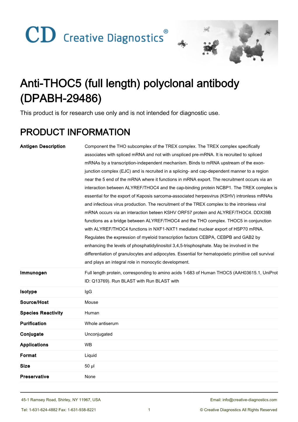 Anti-THOC5 (Full Length) Polyclonal Antibody (DPABH-29486) This Product Is for Research Use Only and Is Not Intended for Diagnostic Use