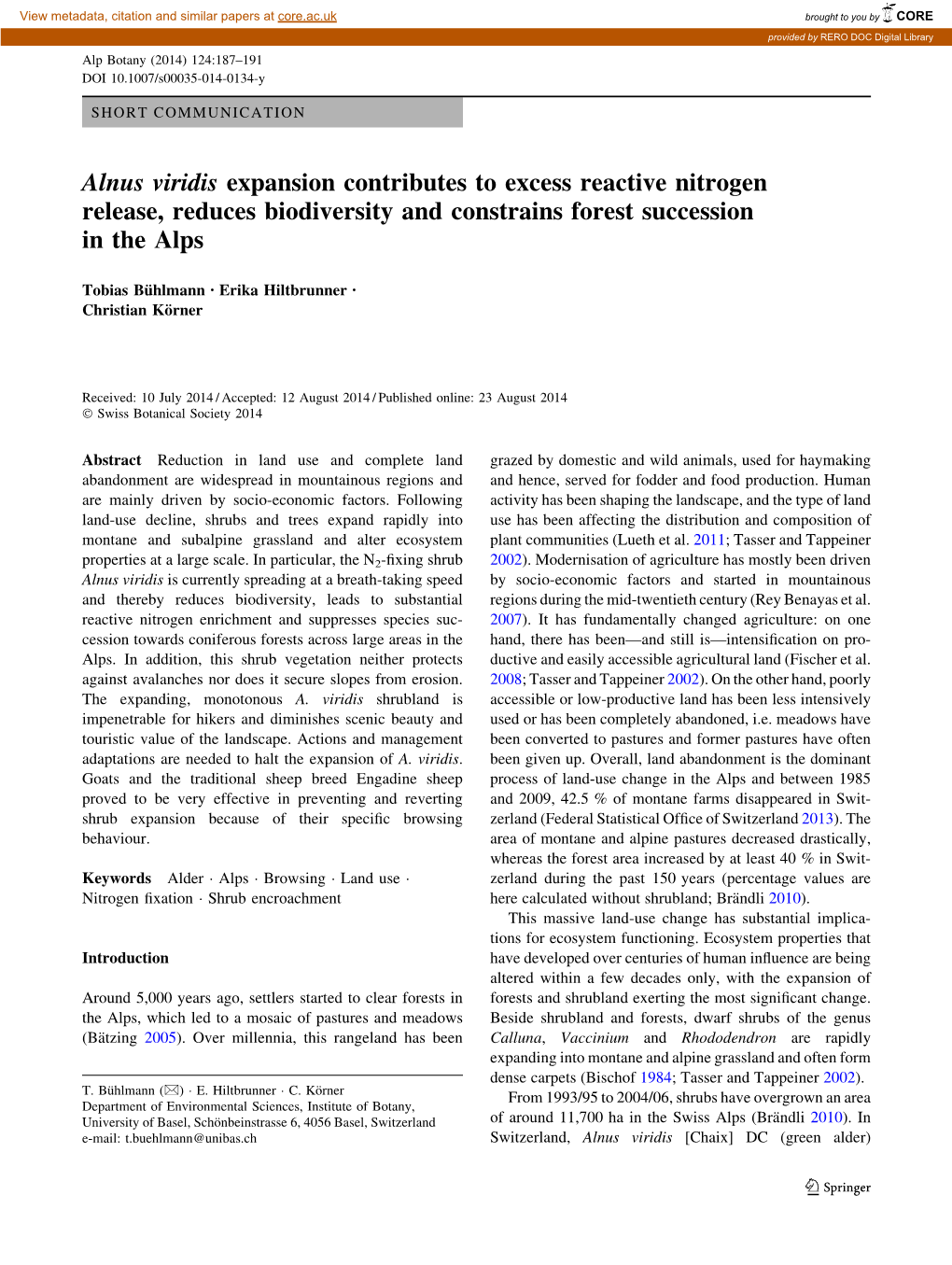 Alnus Viridis Expansion Contributes to Excess Reactive Nitrogen Release, Reduces Biodiversity and Constrains Forest Succession in the Alps