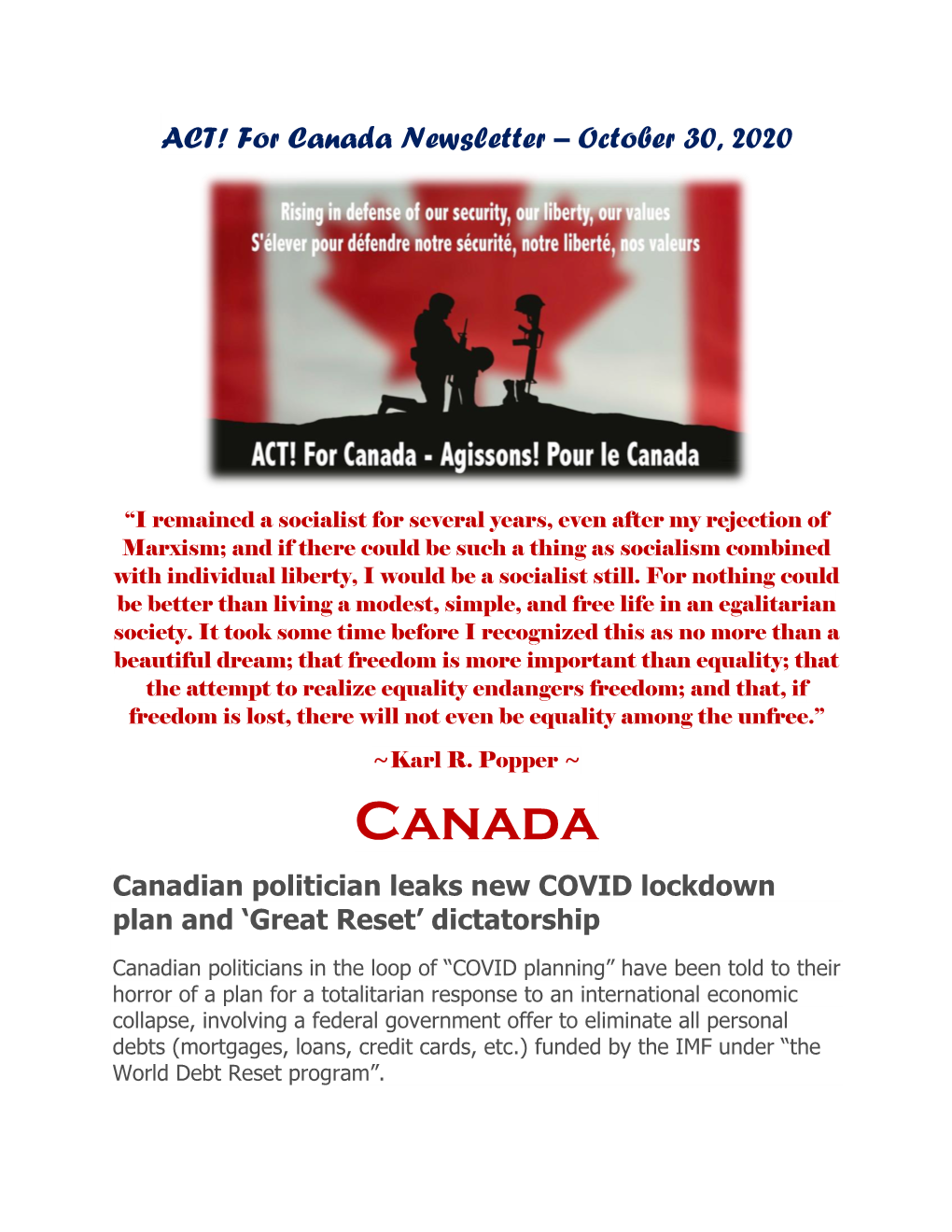 ACT! for Canada Newsletter – October 30, 2020