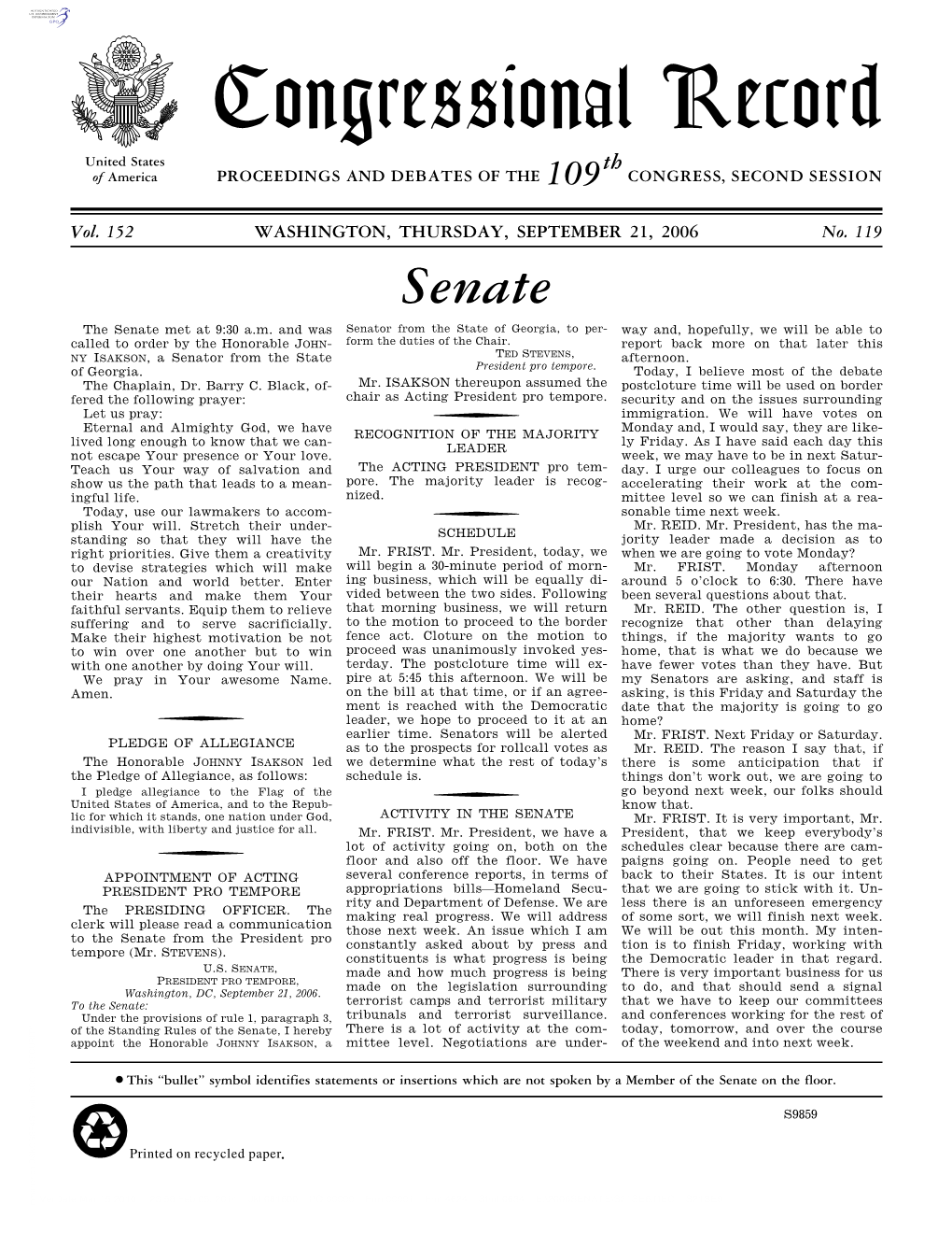 Congressional Record United States Th of America PROCEEDINGS and DEBATES of the 109 CONGRESS, SECOND SESSION