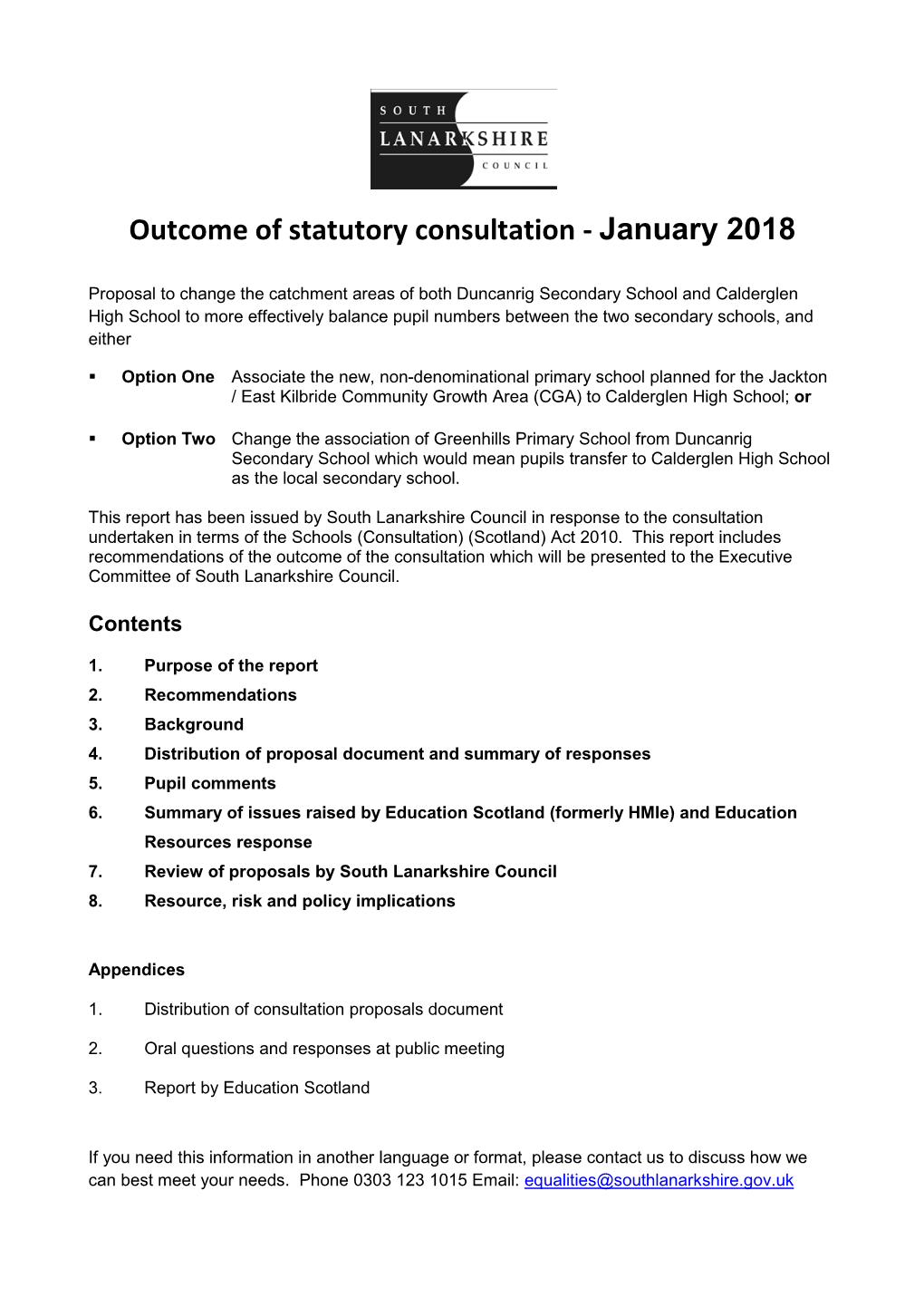 Outcome of Statutory Consultation - January 2018