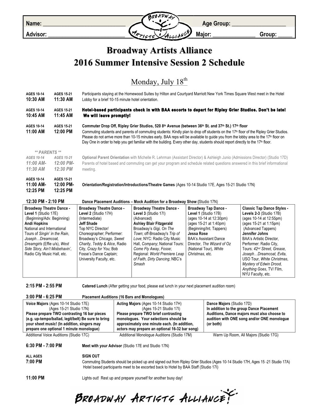 Broadway Artists Alliance 2016 Summer Intensive Session 2 Schedule