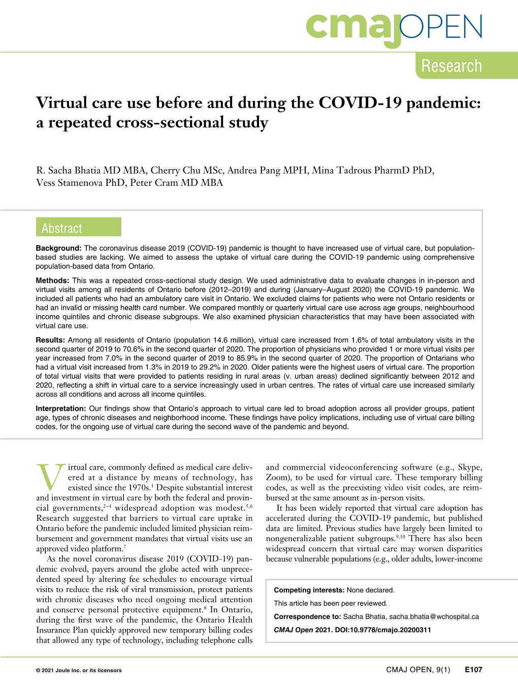 Virtual Care Use Before and During the COVID-19 Pandemic: a Repeated Cross-Sectional Study