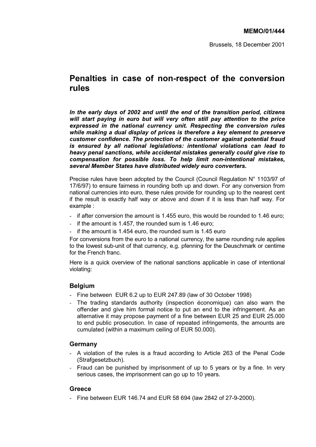 Penalties in Case of Non Respect of the Conversion Rules