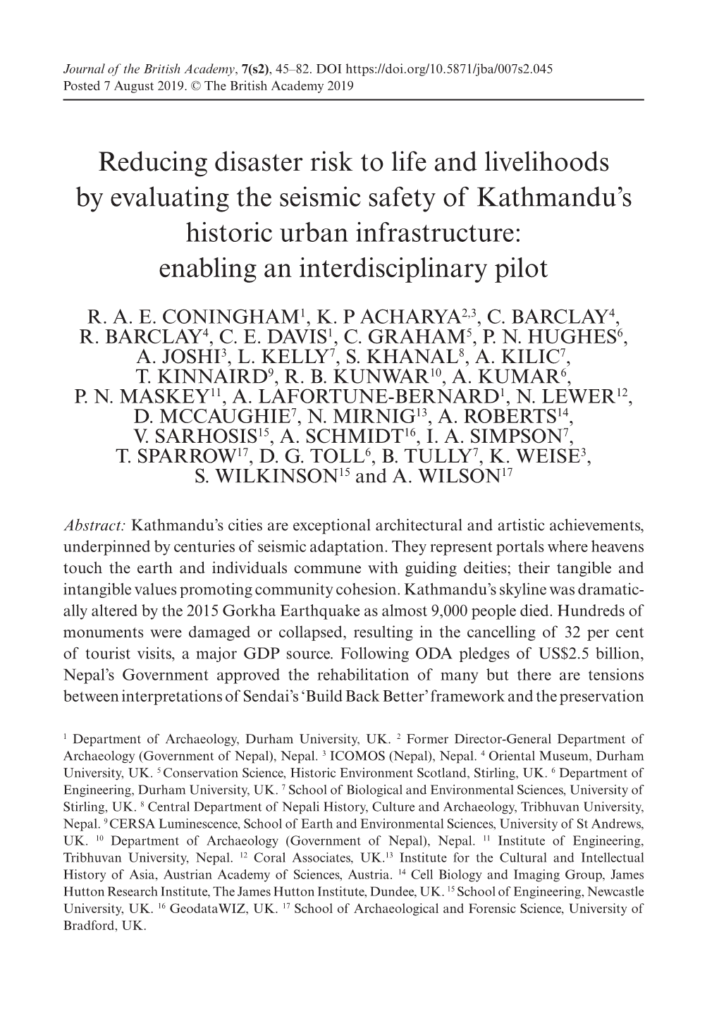 Reducing Disaster Risk to Life and Livelihoods by Evaluating the Seismic Safety of Kathmandu’S Historic Urban Infrastructure: Enabling an Interdisciplinary Pilot