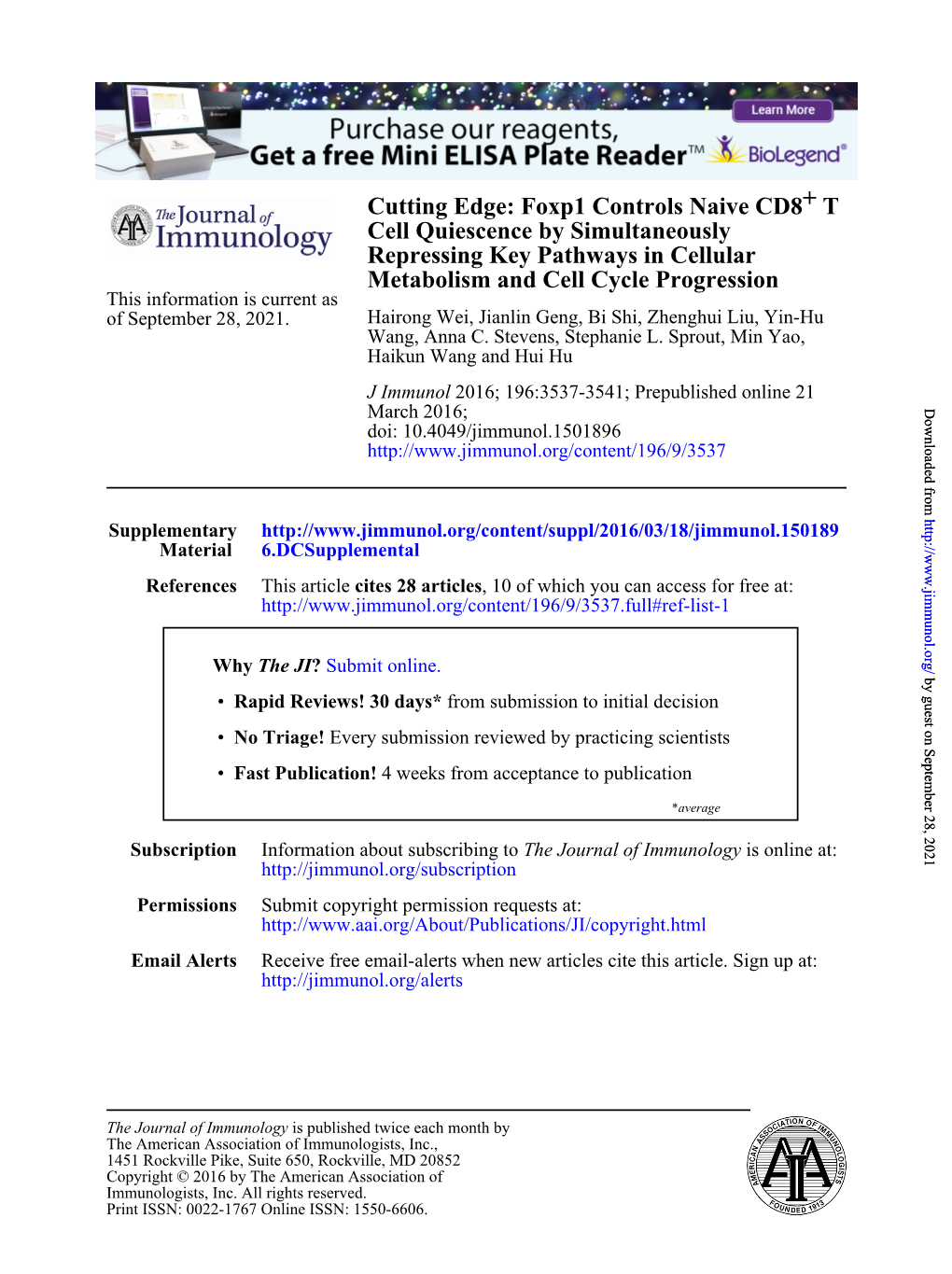 Cutting Edge: Foxp1 Controls Naive CD8+ T Cell Quiescence By