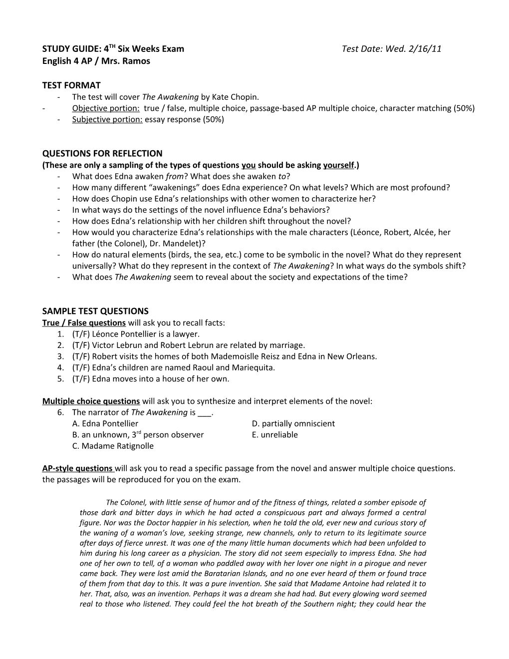 STUDY GUIDE: 4TH Six Weeks Exam Test Date: Wed. 2/16/11