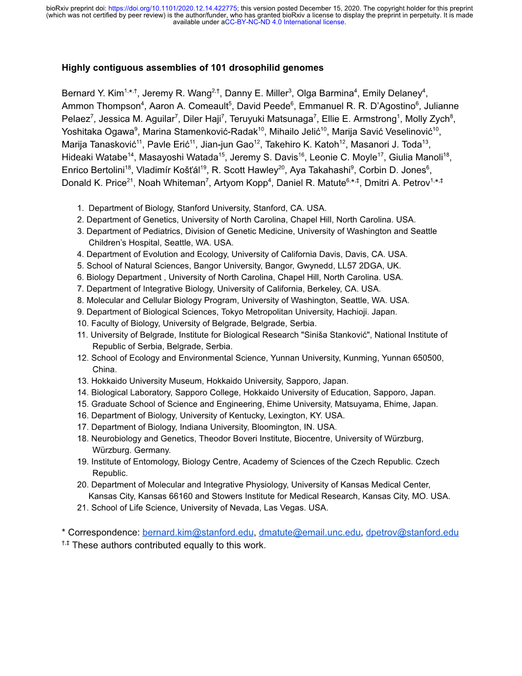 Highly Contiguous Assemblies of 101 Drosophilid Genomes