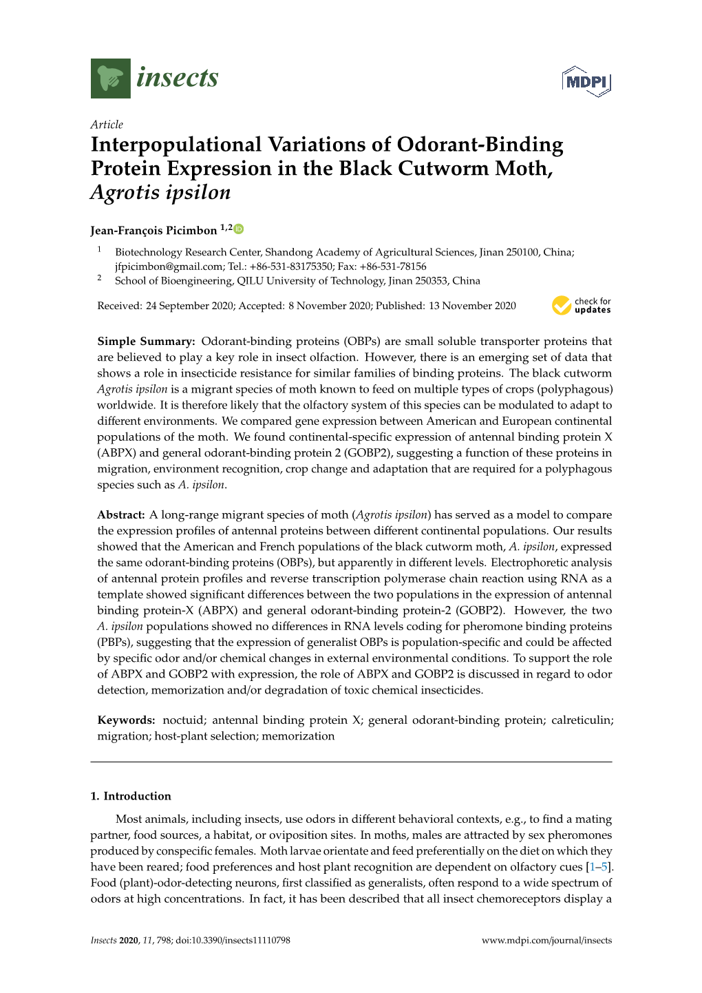 Interpopulational Variations of Odorant-Binding Protein Expression in the Black Cutworm Moth, Agrotis Ipsilon