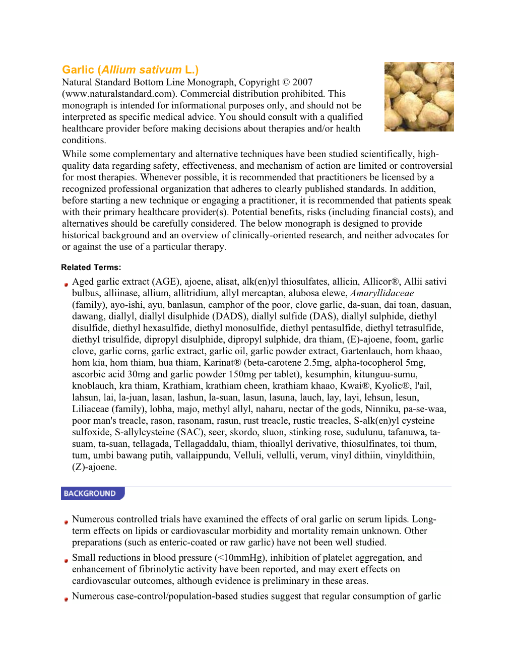 Garlic (Allium Sativum L.) Natural Standard Bottom Line Monograph, Copyright © 2007 (