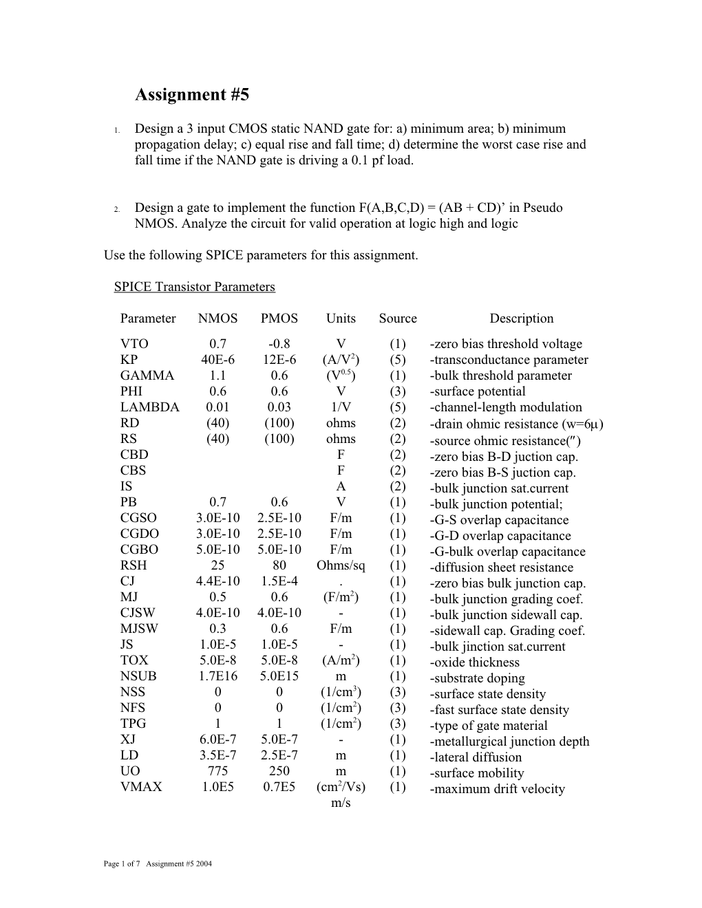 Use the Following SPICE Parameters for This Assignment