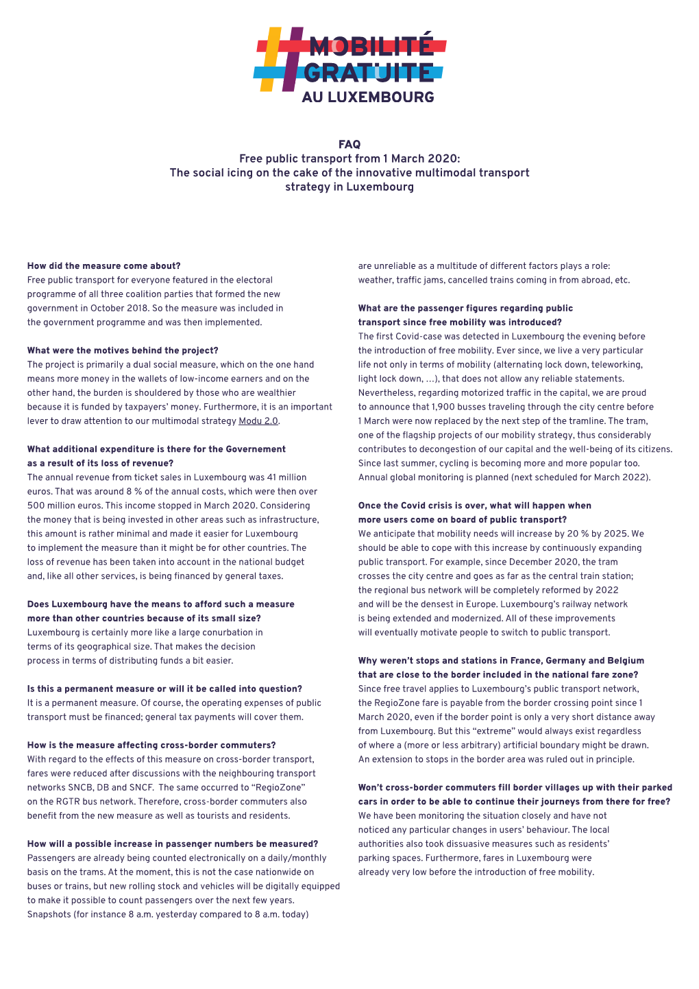 FAQ Free Public Transport from 1 March 2020: the Social Icing on the Cake of the Innovative Multimodal Transport Strategy in Luxembourg