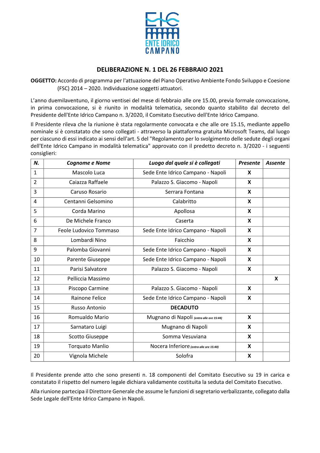 DELIBERAZIONE N. 1 DEL 26 FEBBRAIO 2021 OGGETTO: Accordo Di Programma Per L'attuazione Del Piano Operativo Ambiente Fondo Sviluppo E Coesione (FSC) 2014 – 2020