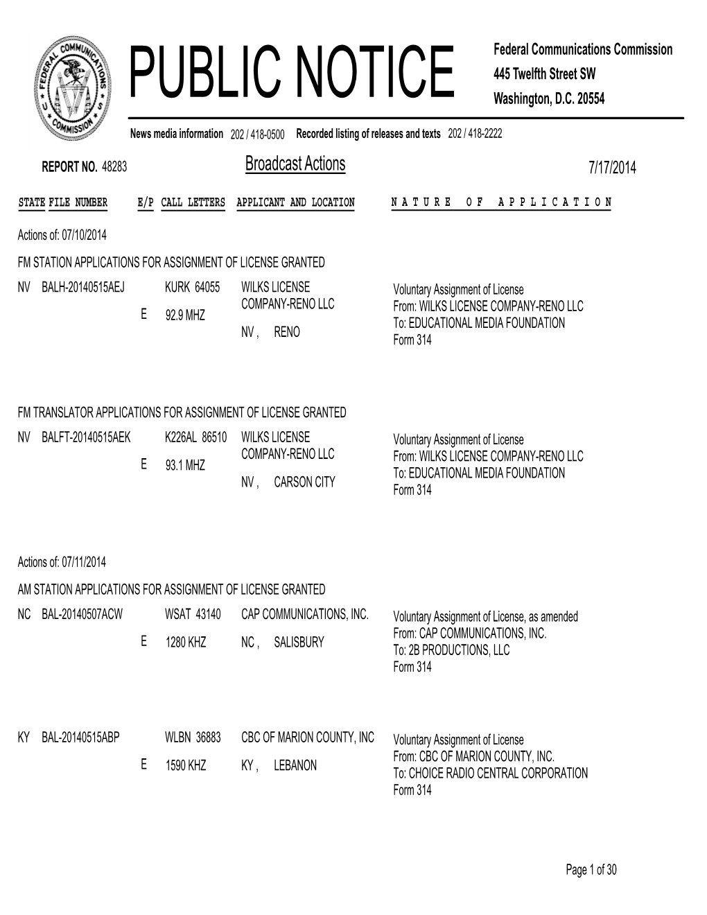 Broadcast Actions 7/17/2014