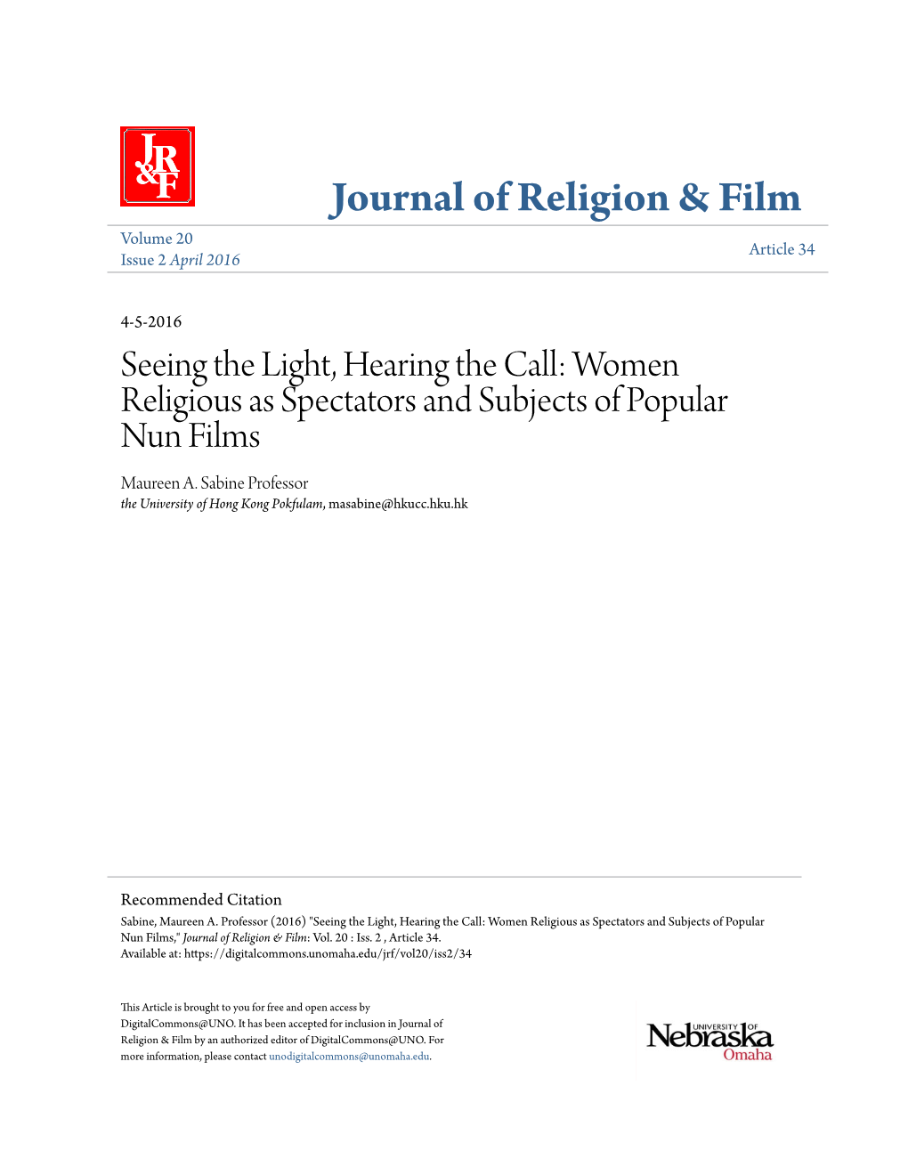 Women Religious As Spectators and Subjects of Popular Nun Films Maureen A