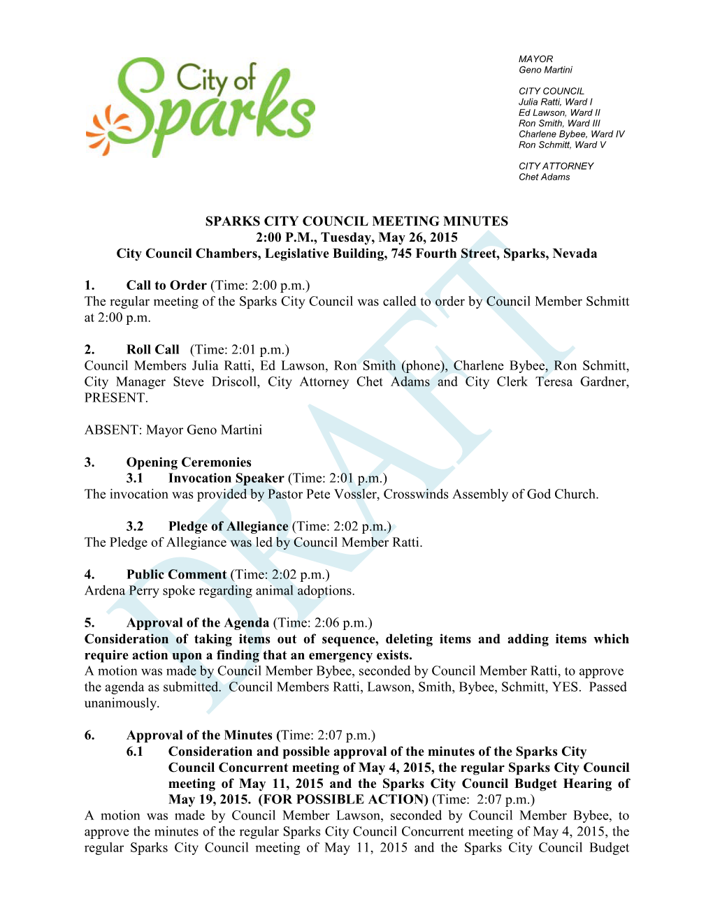 May 26, 2015 City Council Meeting Minutes