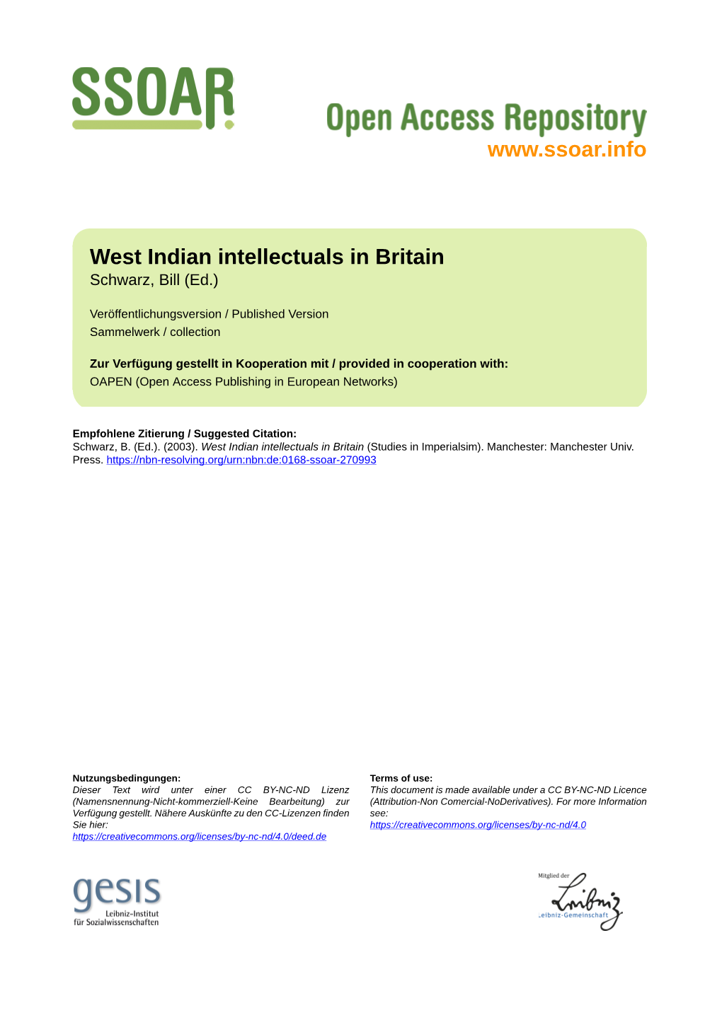 West Indian Intellectuals in Britain Schwarz, Bill (Ed.)