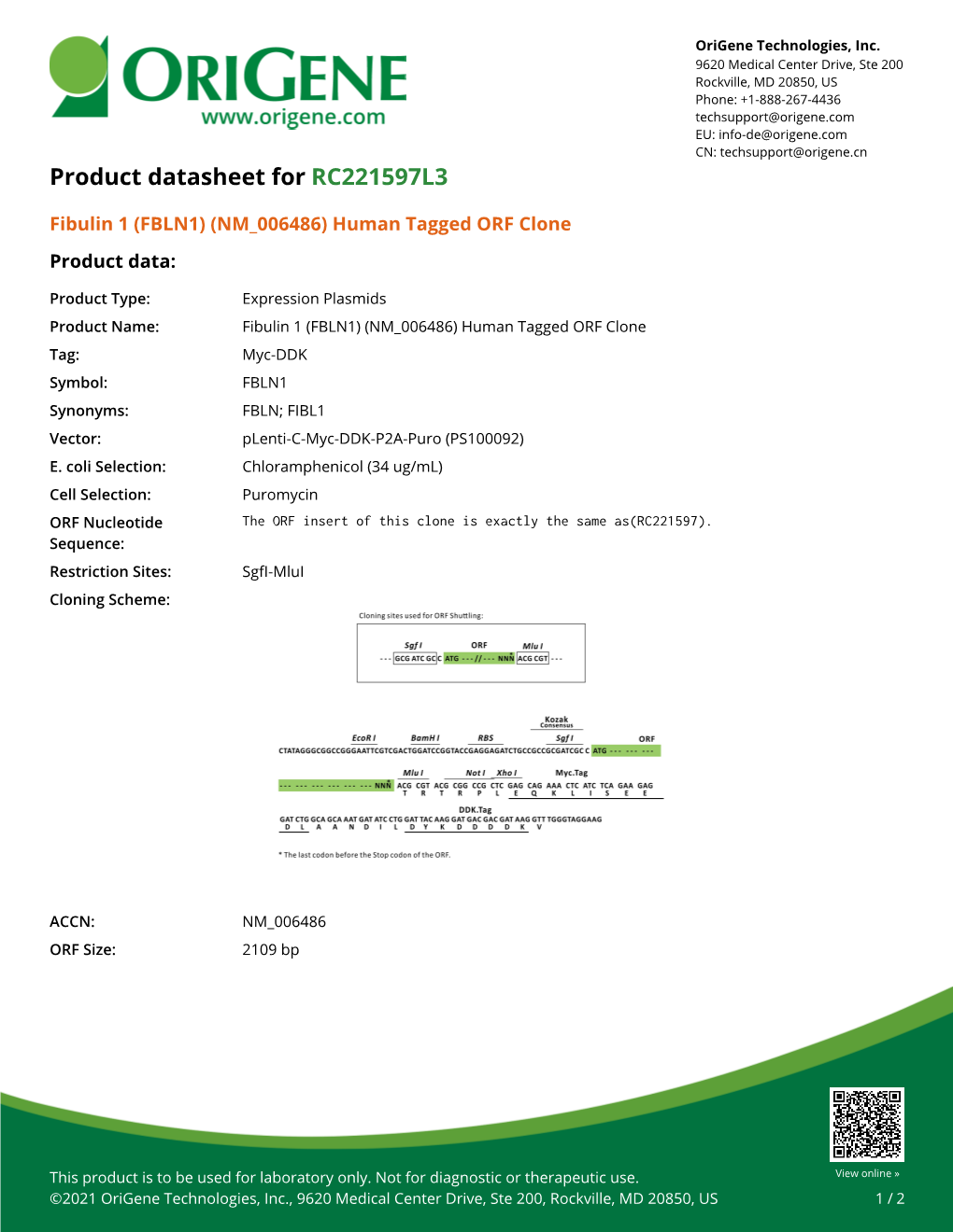 Fibulin 1 (FBLN1) (NM 006486) Human Tagged ORF Clone Product Data