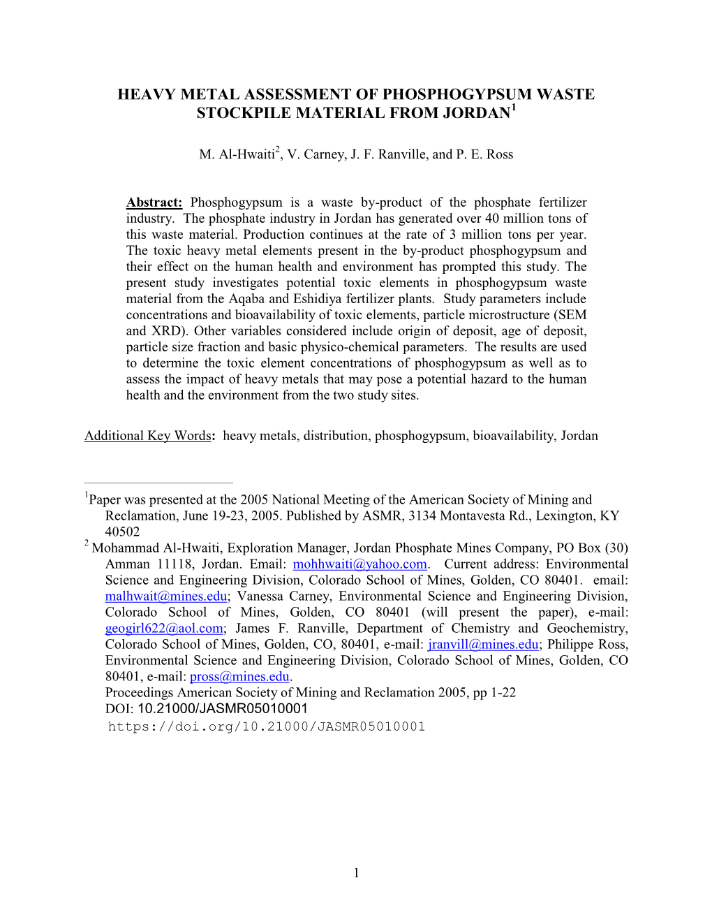 Heavy Metal Assessment of Phosphogypsum Waste Stockpile Material from Jordan1