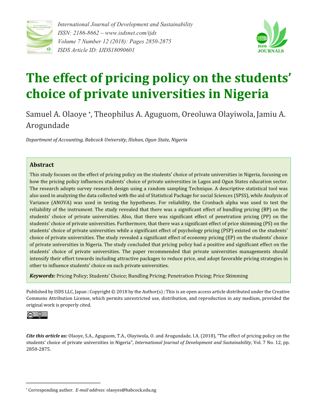 The Effect of Pricing Policy on the Students' Choice of Private